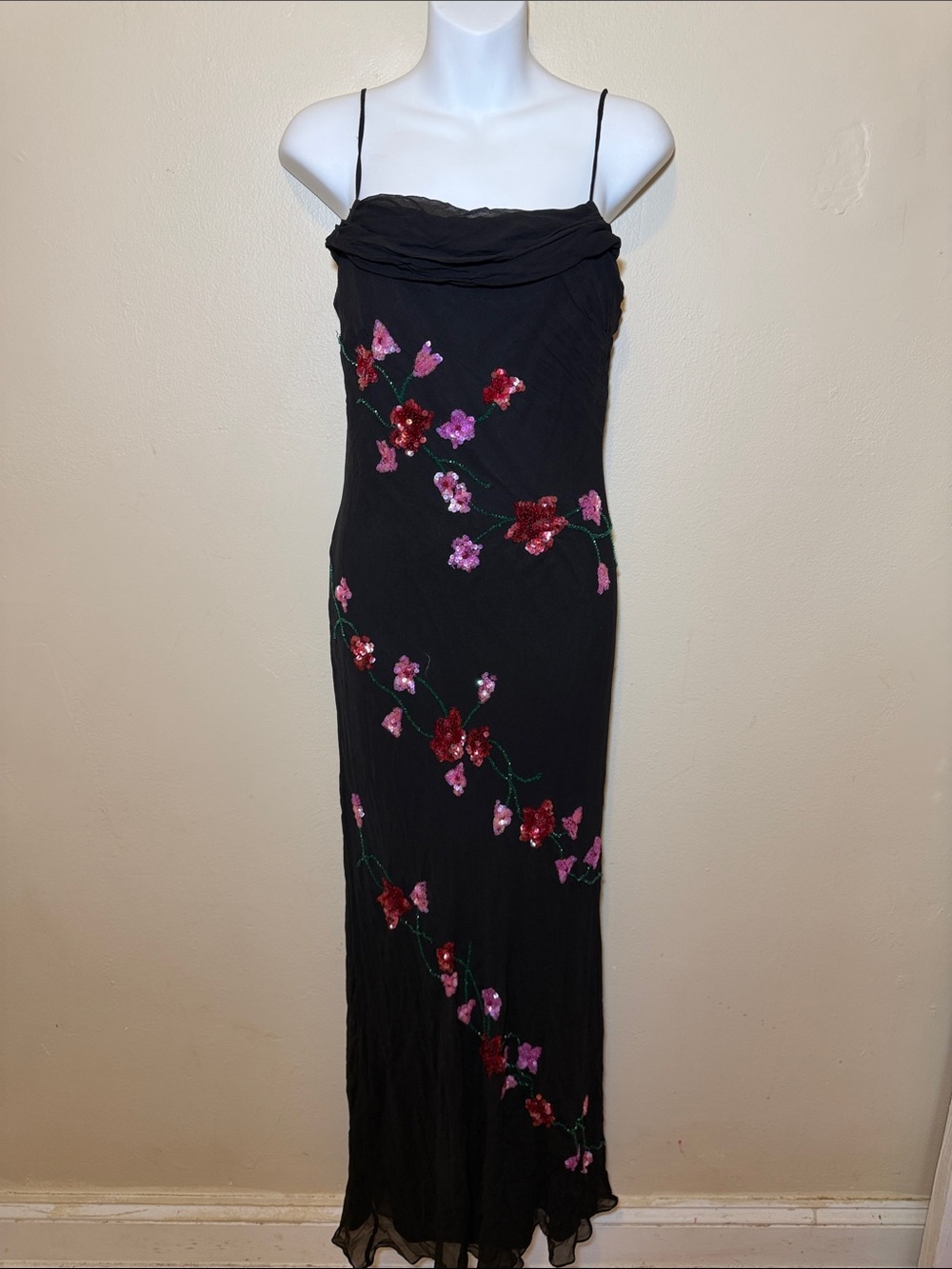 MARINA Black Maxi Slip Dress with Pink & Red Sequin Floral Appliqués